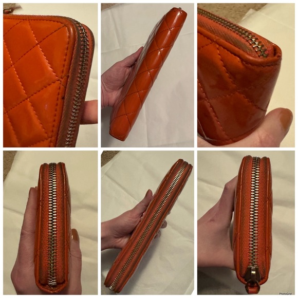 AUTHENTIC CHANEL Coral Orange Matelasse Patent Interlocking C CC Quilted Wallet - Picture 8 of 16